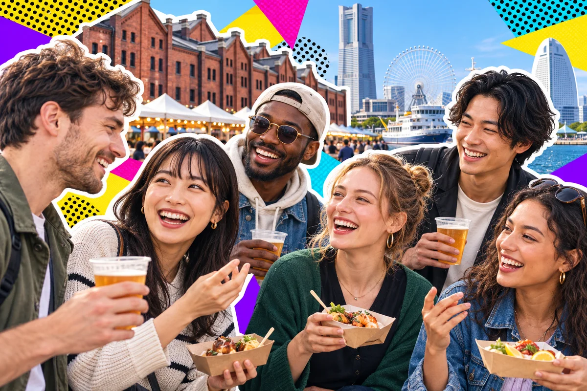 横浜の海辺のフードイベントを楽しむ日本人と外国人の友達