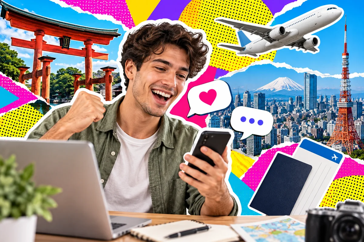 Man planning a trip to Japan and connecting with friends on his phone