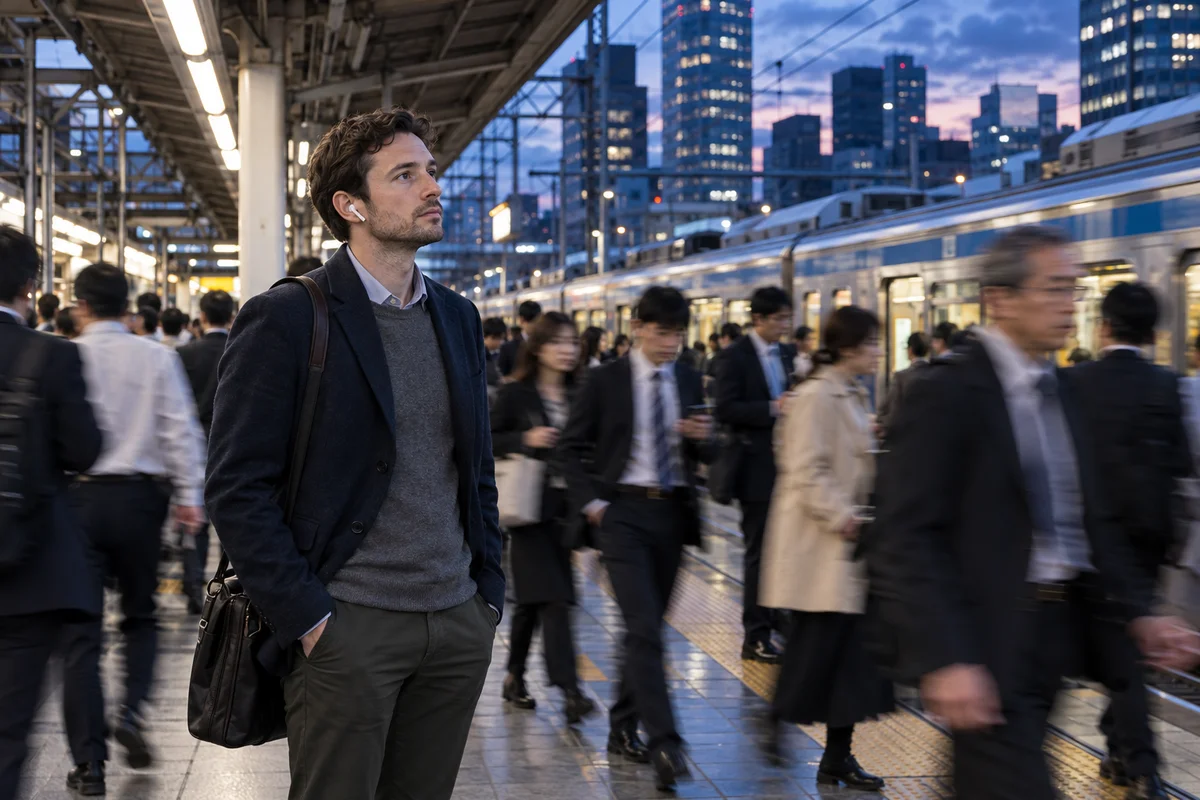 Un professeur d'anglais étranger seul sur un quai de gare bondé à Tokyo en soirée, des écouteurs dans les oreilles, perdu dans ses pensées pendant que les voyageurs passent