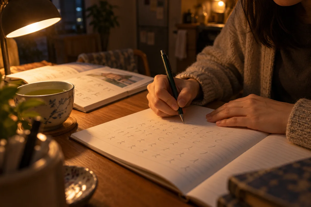 Gros plan sur les mains d'une personne qui écrit des caractères japonais dans un carnet, à une petite table de cuisine tard le soir, avec une lampe chaleureuse et une tasse de thé à côté d'un manuel ouvert