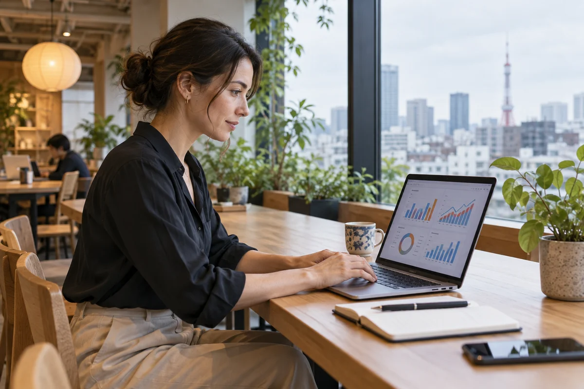 Une personne concentrée qui travaille sur un ordinateur portable affichant des graphiques abstraits, dans un espace de coworking calme près d'une grande fenêtre, sous une douce lumière de jour nuageux