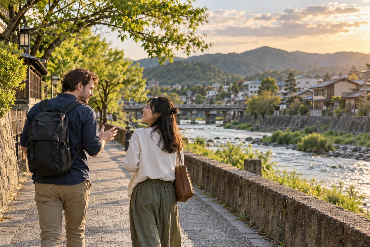 Deux personnes qui marchent côte à côte sur un chemin tranquille au bord d'une rivière au Japon, par un après-midi doux, l'une gesticulant en essayant d'expliquer quelque chose, toutes deux détendues et impliquées