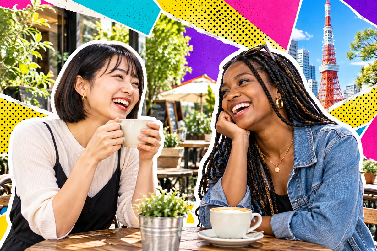 Japanese and international friends laughing over coffee outdoors