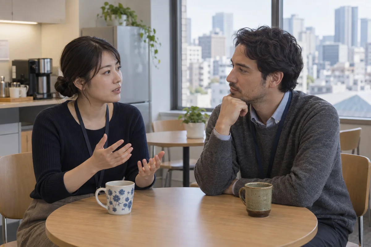 Deux collègues ayant une conversation sérieuse et attentive près d'une fenêtre dans la salle de pause d'un bureau japonais