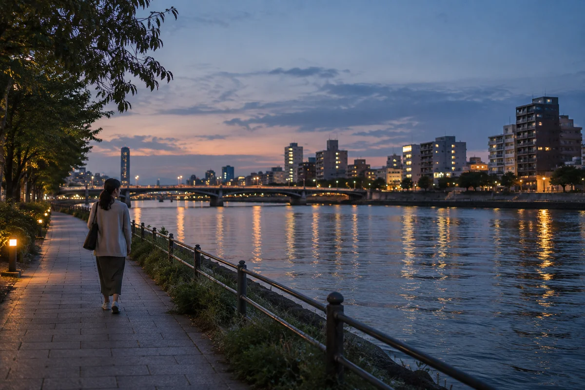 Une personne marchant seule au bord d'une rivière dans une ville japonaise au crépuscule, avec de l'espace autour d'elle et de doux reflets sur l'eau