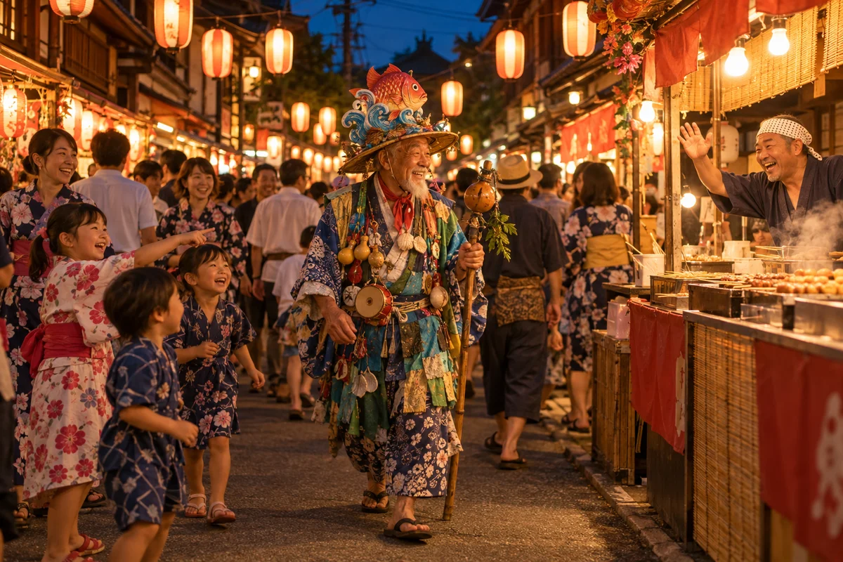 Un homme âgé dans un costume coloré fait main traversant un festival d'été animé en soirée dans un quartier japonais, sous des lanternes en papier illuminées