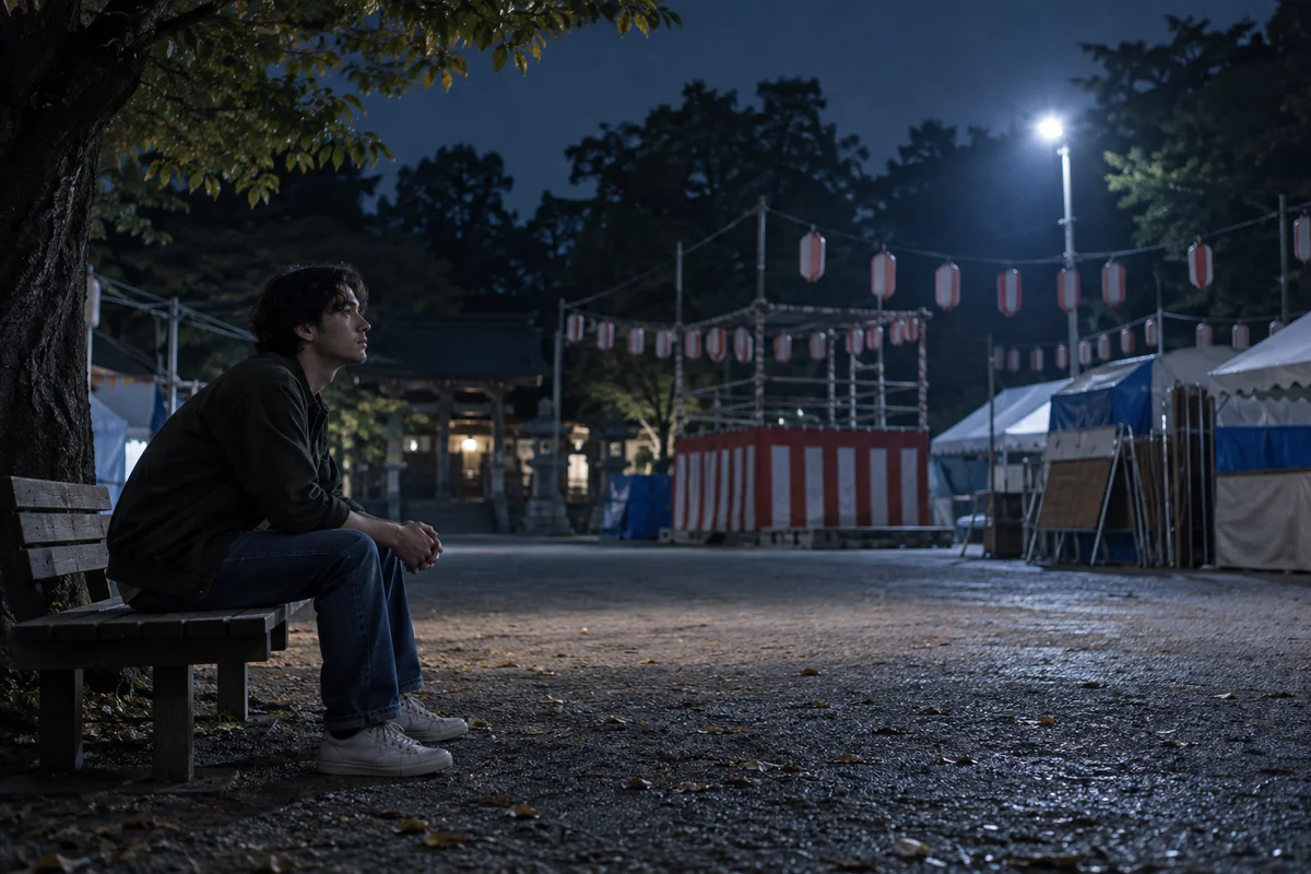 Une personne assise seule sur un banc à côté d'un terrain de festival vide la nuit, tentes repliées et lanternes éteintes en arrière-plan, ambiance calme et pensive