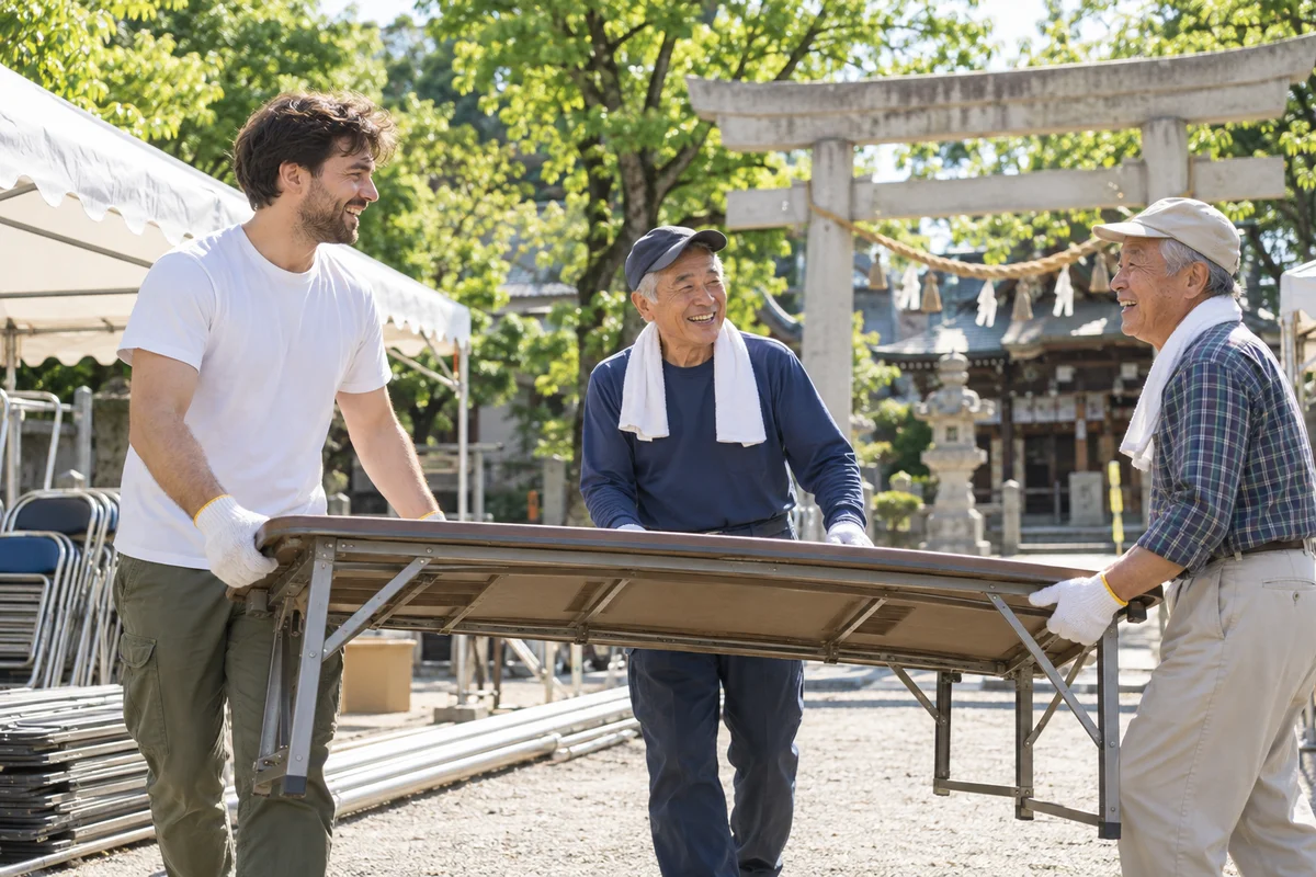 Un bénévole étranger et deux habitants japonais âgés portant ensemble des tables pliantes pour monter une tente de festival de quartier par une matinée ensoleillée