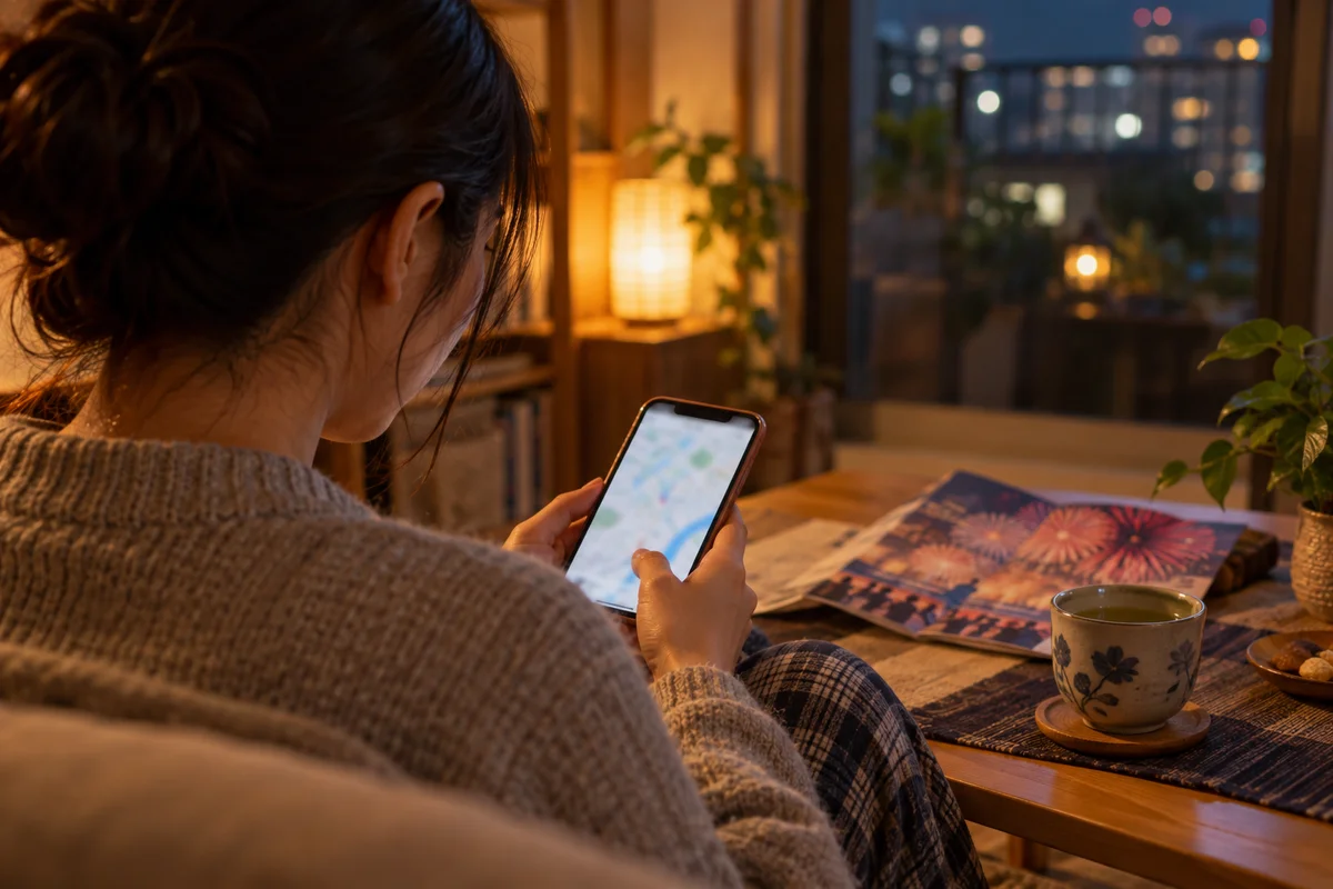 Vue par-dessus l'épaule d'une personne chez elle le soir regardant son téléphone, l'écran tourné vers elle et non vers l'objectif, lumière chaude d'une lampe et un prospectus de festival sur la table