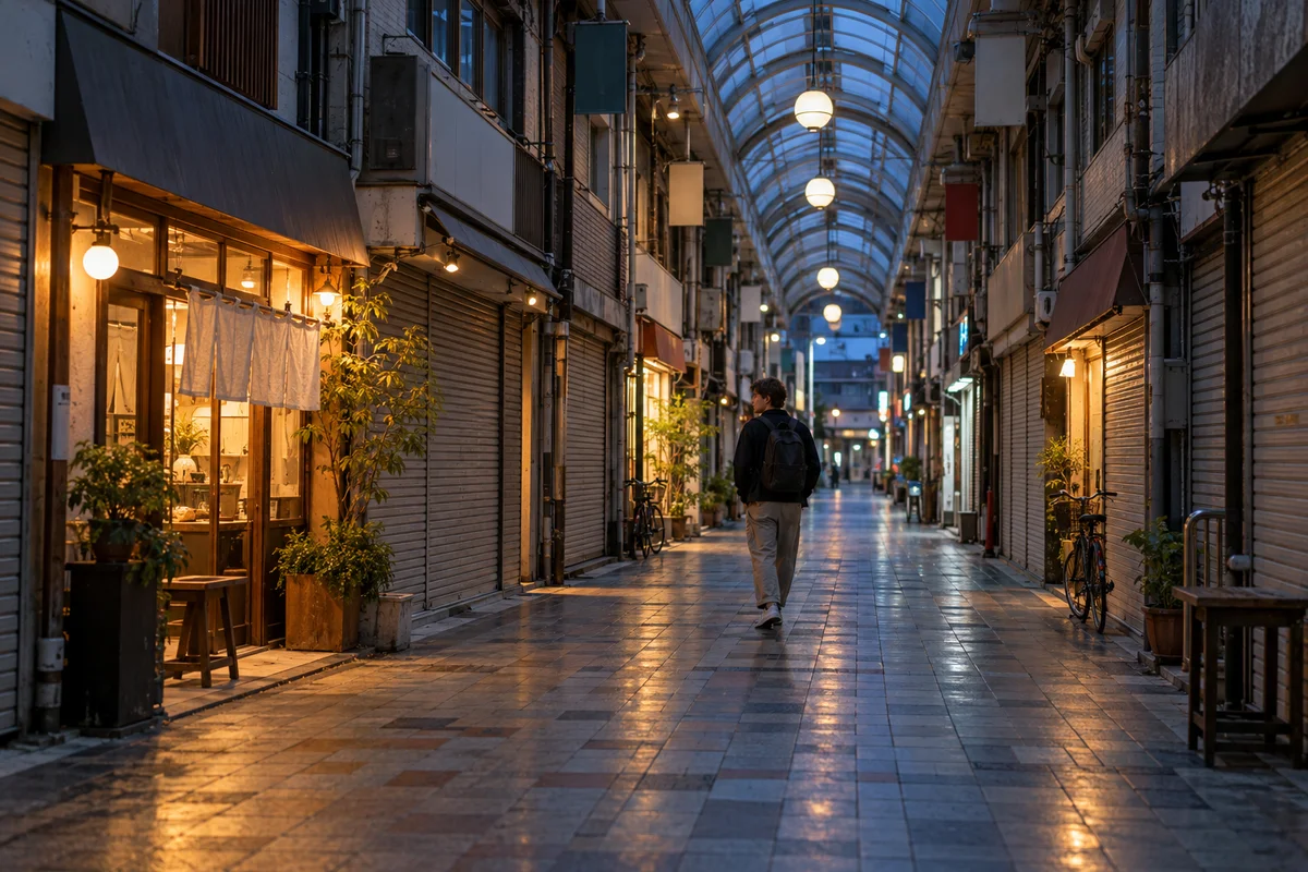 Pessoa caminhando sozinha por uma rua comercial tranquila ao entardecer, com as luzes começando a acender