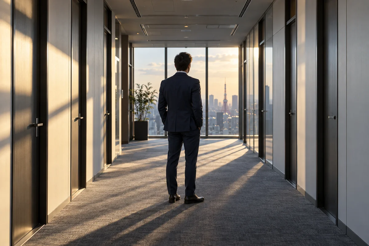 A foreign professional in a navy suit standing alone in a long, bright office corridor in Tokyo, two closed doors on either side, late afternoon light through tall windows, quiet and uncertain mood