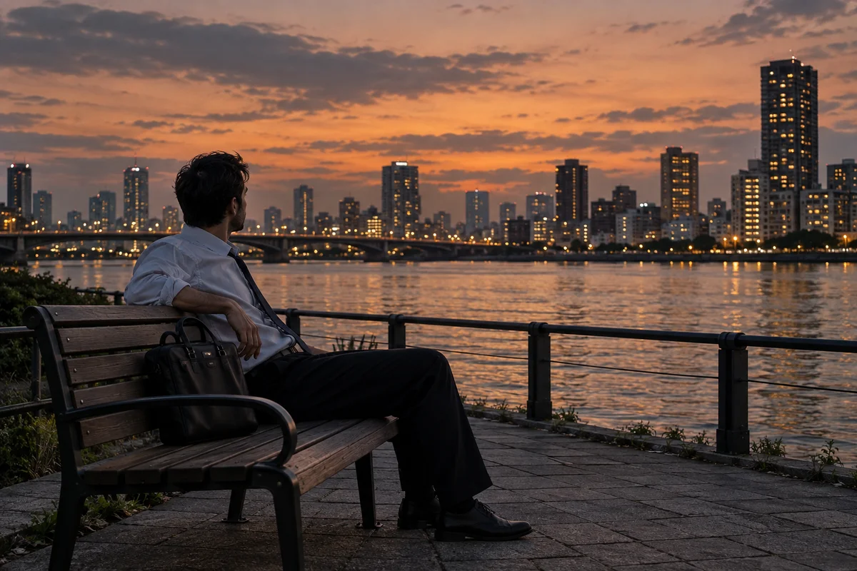 A foreign man in his early thirties sitting alone on a riverside bench in a Japanese city at dusk, tie loosened and bag beside him, looking out at the water, muted orange and grey sky, still and reflective atmosphere