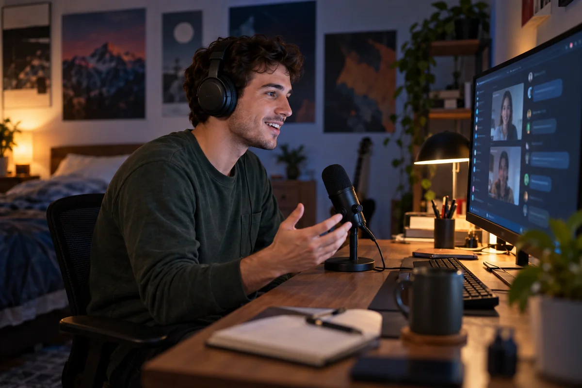 Un jeune homme casque sur les oreilles parle dans un micro de bureau pendant un appel vidéo, le soir, dans une chambre douillette