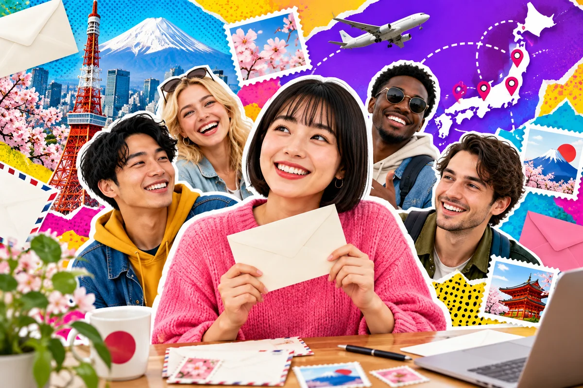 Colagem fotográfica colorida de uma mulher segurando um envelope à mesa, cercada por fotos de amigos, selos e um mapa do Japão