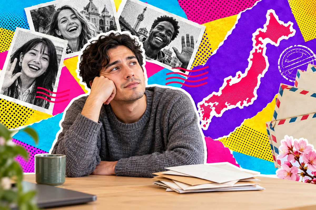 Homem pensativo diante de uma pilha de cartas, com fotos de amigos e um mapa do Japão ao fundo
