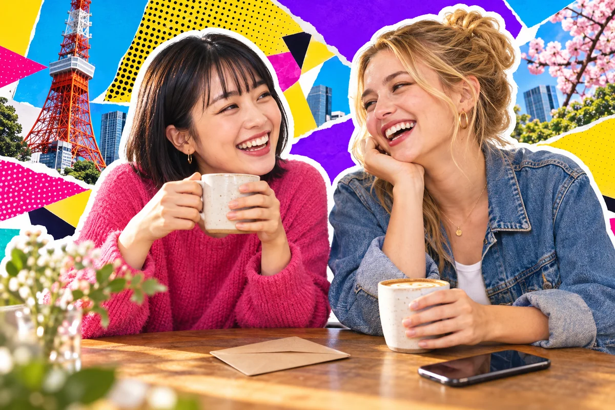 Uma amiga japonesa e uma amiga estrangeira rindo num café, com envelopes e um celular sobre a mesa