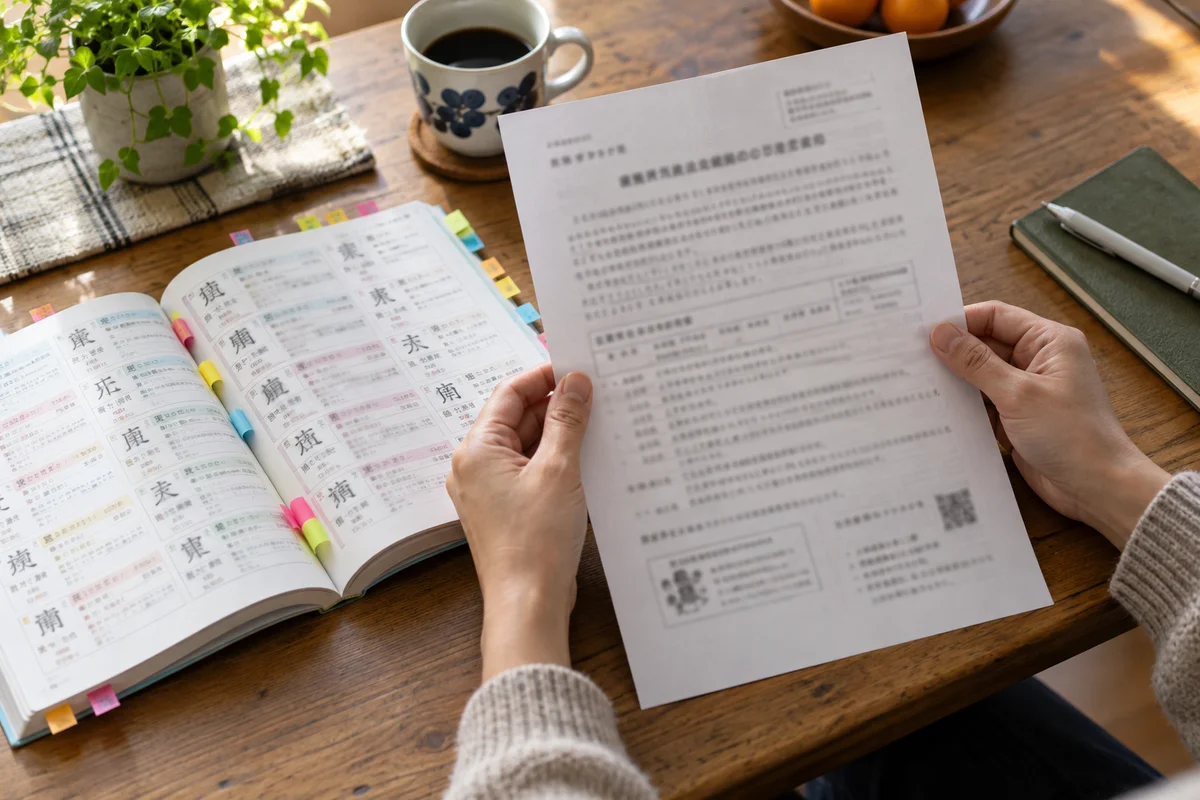 俯拍的特写:一双手放在木制餐桌上,拿着一份密密麻麻的学校印刷通知,旁边是一本贴满彩色便利贴的汉字练习册、一杯咖啡和柔和的晨光