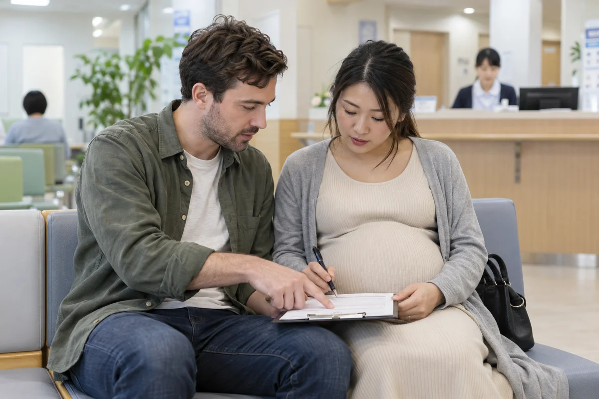 一位外国男子和怀孕的伴侣并肩坐在日本一家明亮安静的诊所候诊区,一起在写字板上填写表格,柔和的诊室灯光,背景中有一位前台工作人员
