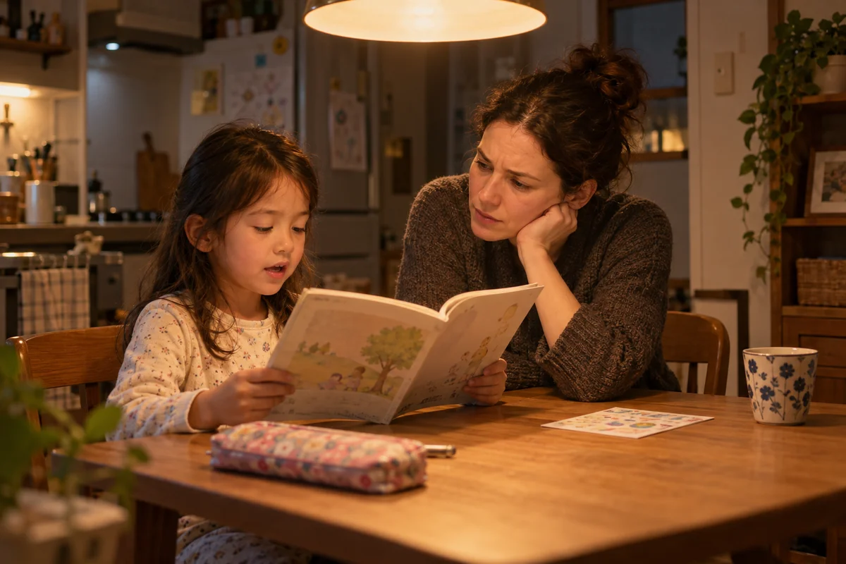 夕方のキッチンテーブルで、子どもが教科書を音読し、横で親が少し不安そうにのぞき込んでいる