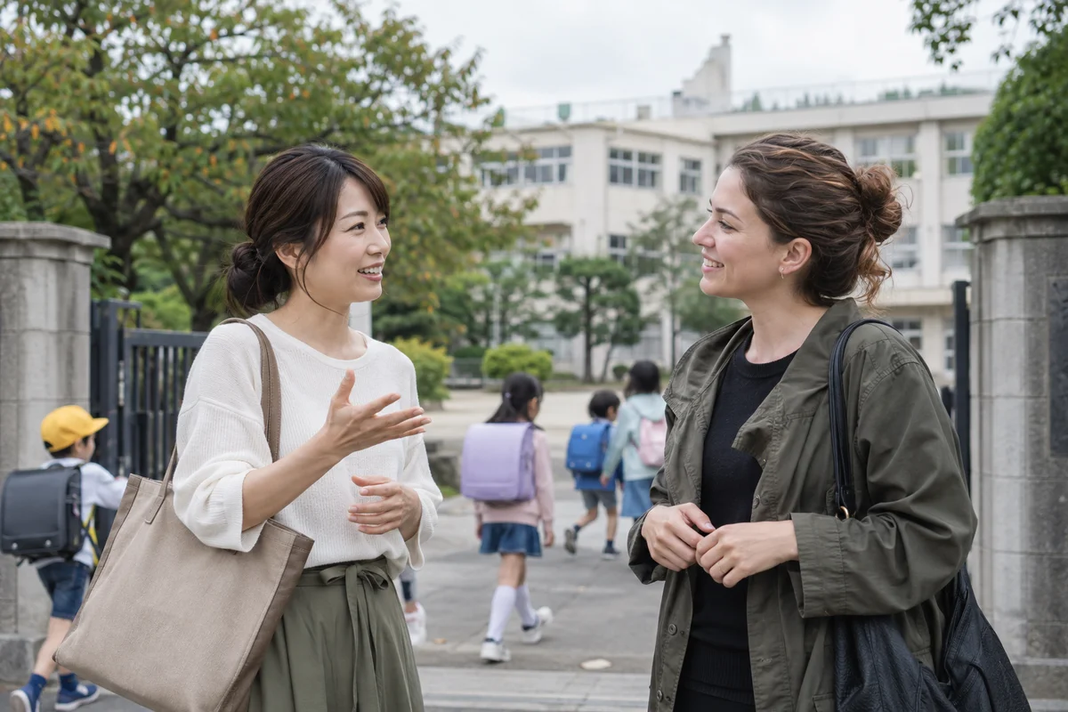 曇りの午後、小学校の校門の前で日本人の保護者と外国人の保護者が気軽に話している様子