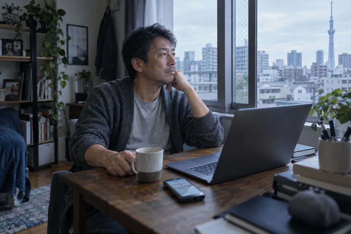 東京の自宅でノートパソコンから目を離し、窓の外を眺めながら休む男性