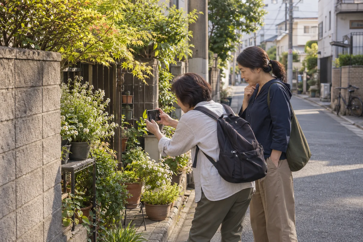 午後の住宅街を散歩しながら、道沿いの植物を写真に撮る二人の友人