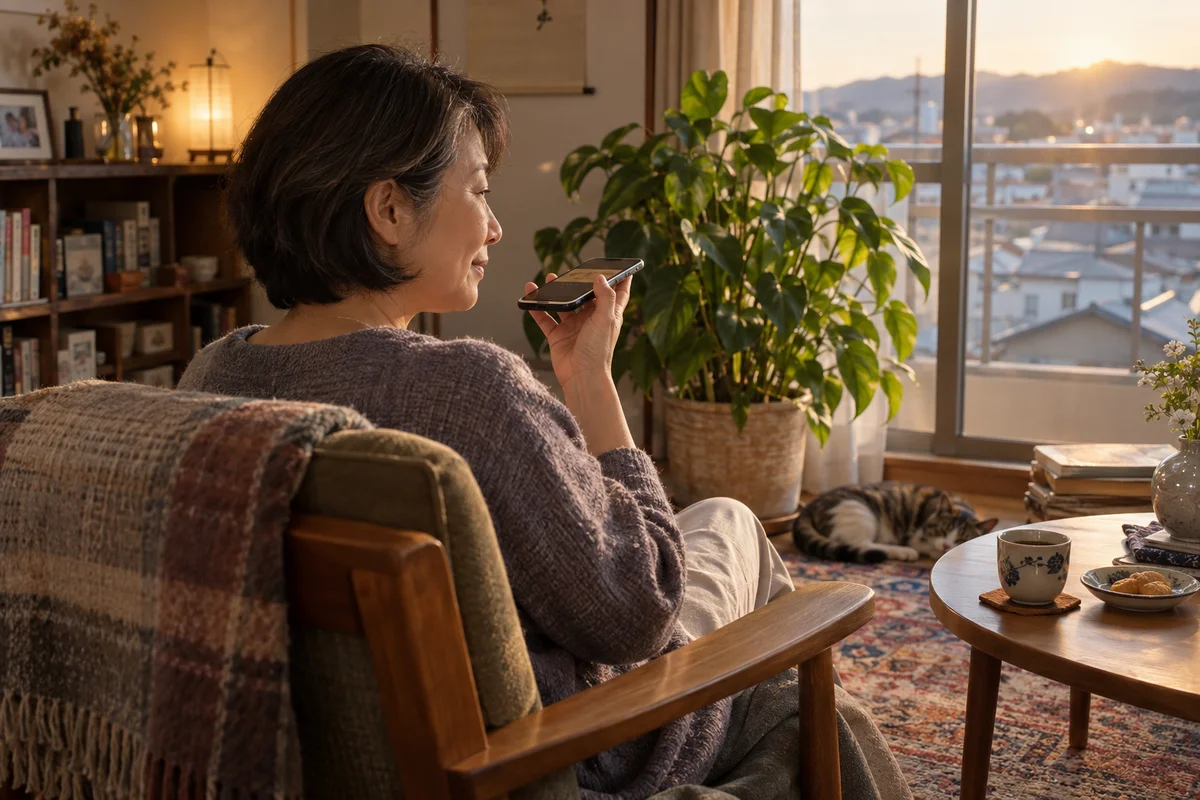 夕日の差す部屋で椅子に座り、スマートフォンを口元に寄せて友人と声を交わす女性