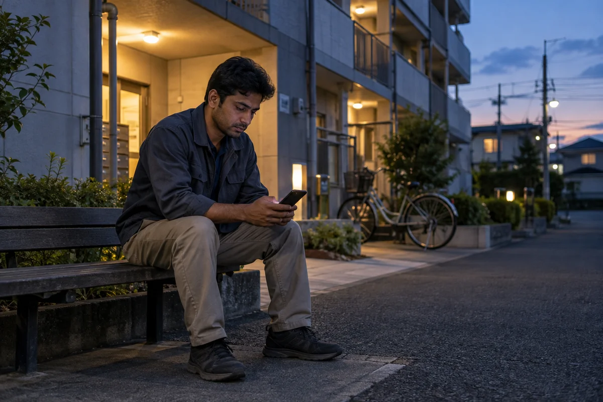 A foreign worker sitting alone on a bench outside a Japanese apartment building at dusk, looking at a phone