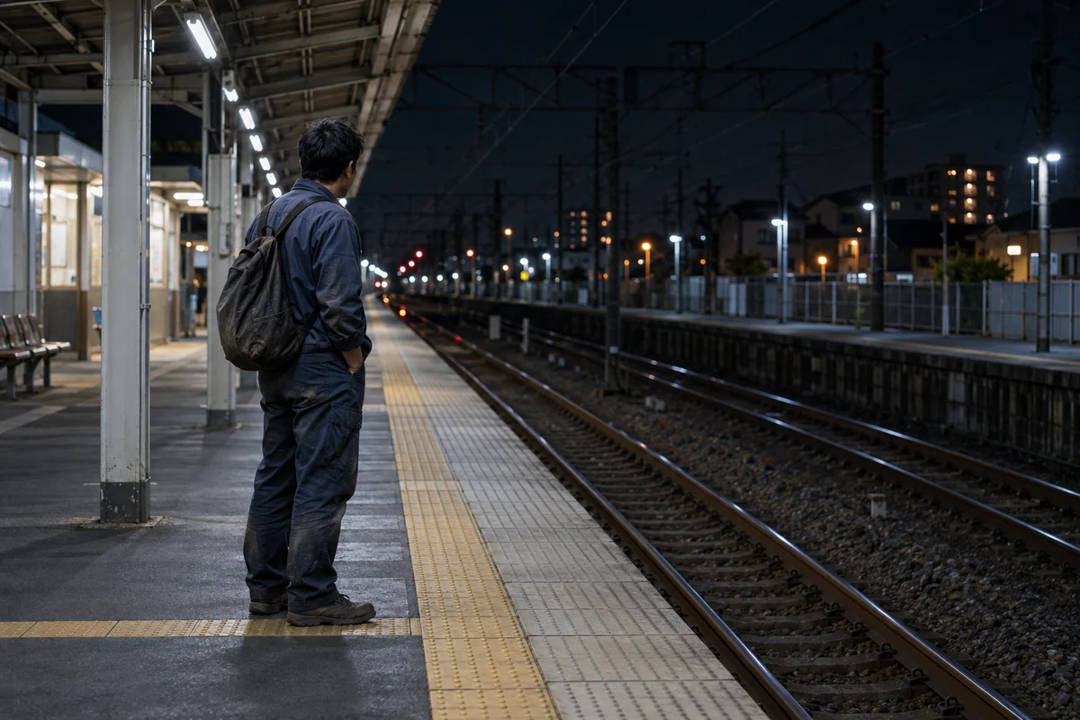 A man in work clothes standing alone on a quiet train platform late at night, looking down the empty tracks