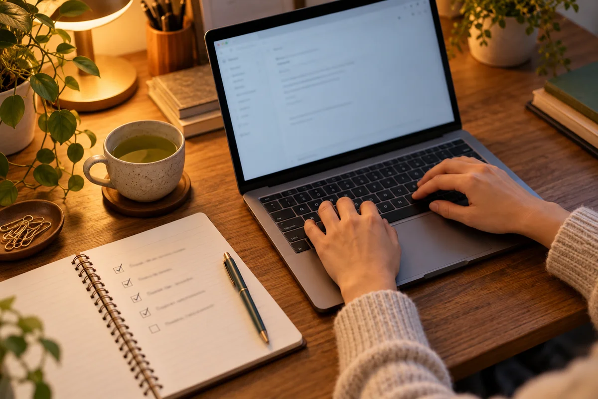 Close-up of hands typing a short end-of-day summary on a laptop beside a neat notebook and a cup of tea, warm desk lamp light