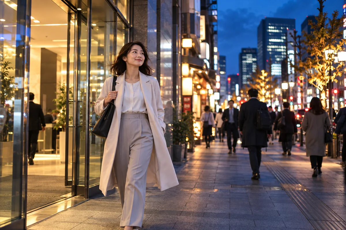 A person walking out of an office building at dusk onto a lively Tokyo street, looking relieved, soft blue evening light and glowing shop signs