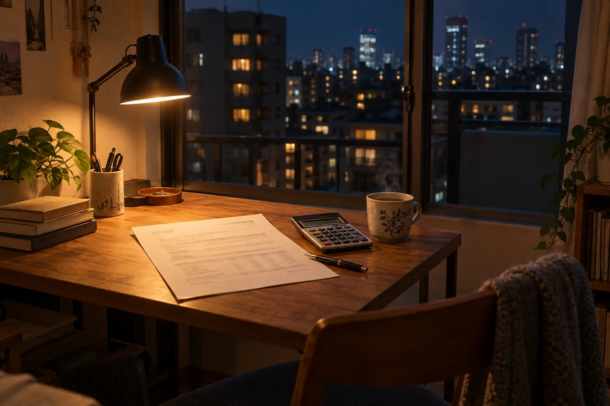 À noite, numa pequena mesa de um apartamento em Tóquio, uma proposta de emprego impressa, uma calculadora e uma xícara de chá