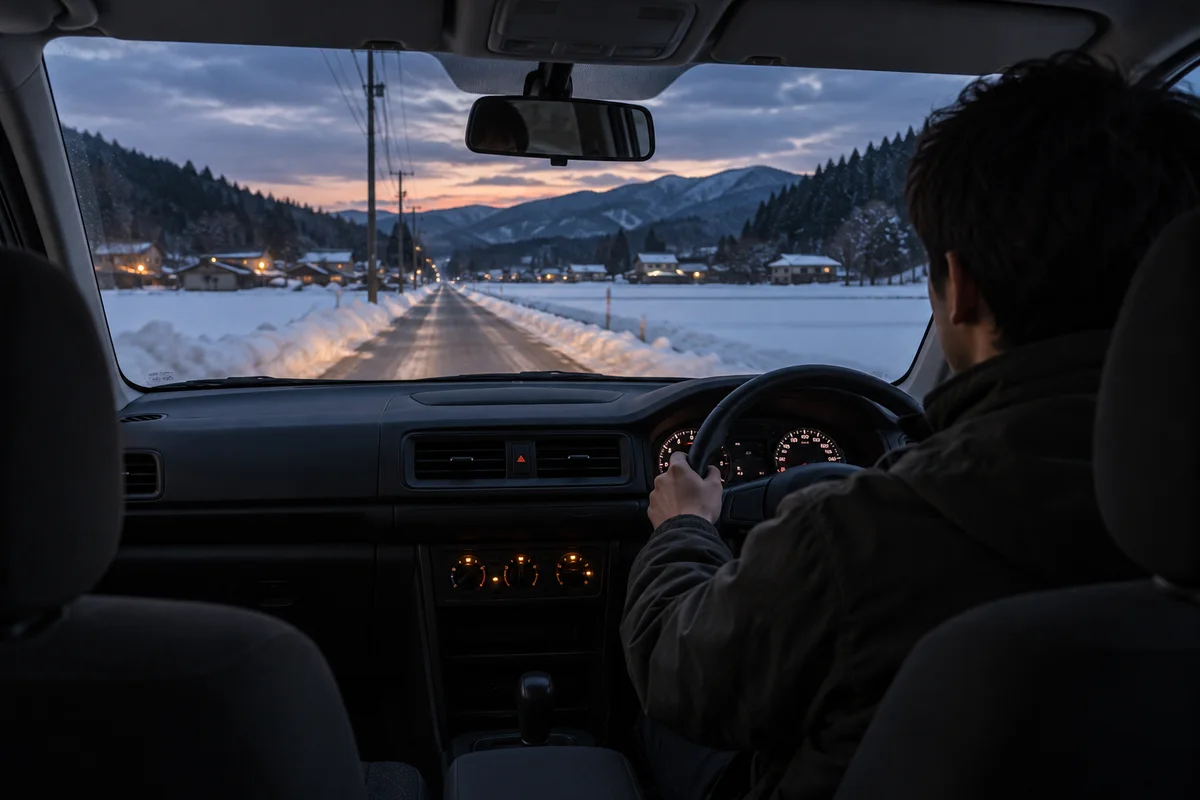 Visto do banco de trás, um jovem dirigindo sozinho ao entardecer por uma estrada rural coberta de neve