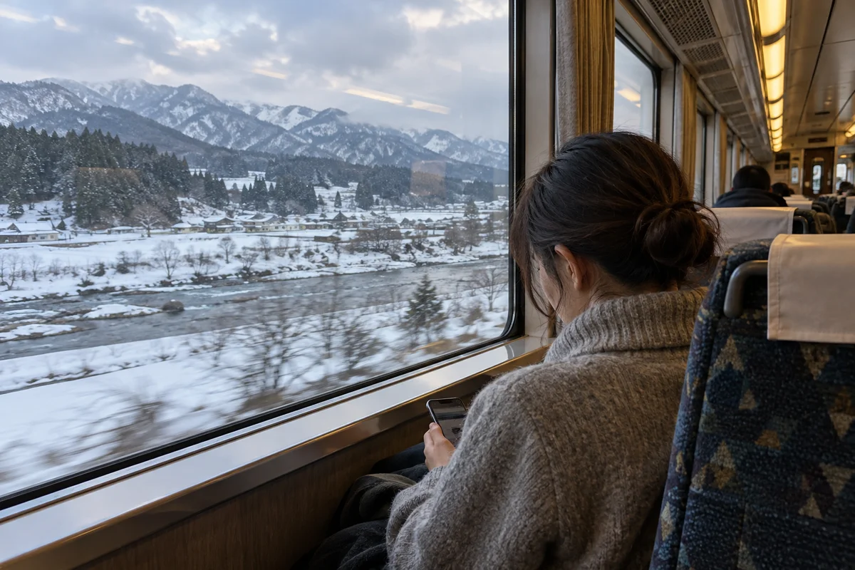 Uma mulher olhando o celular por cima do ombro, junto à janela de um trem com montanhas nevadas passando lá fora