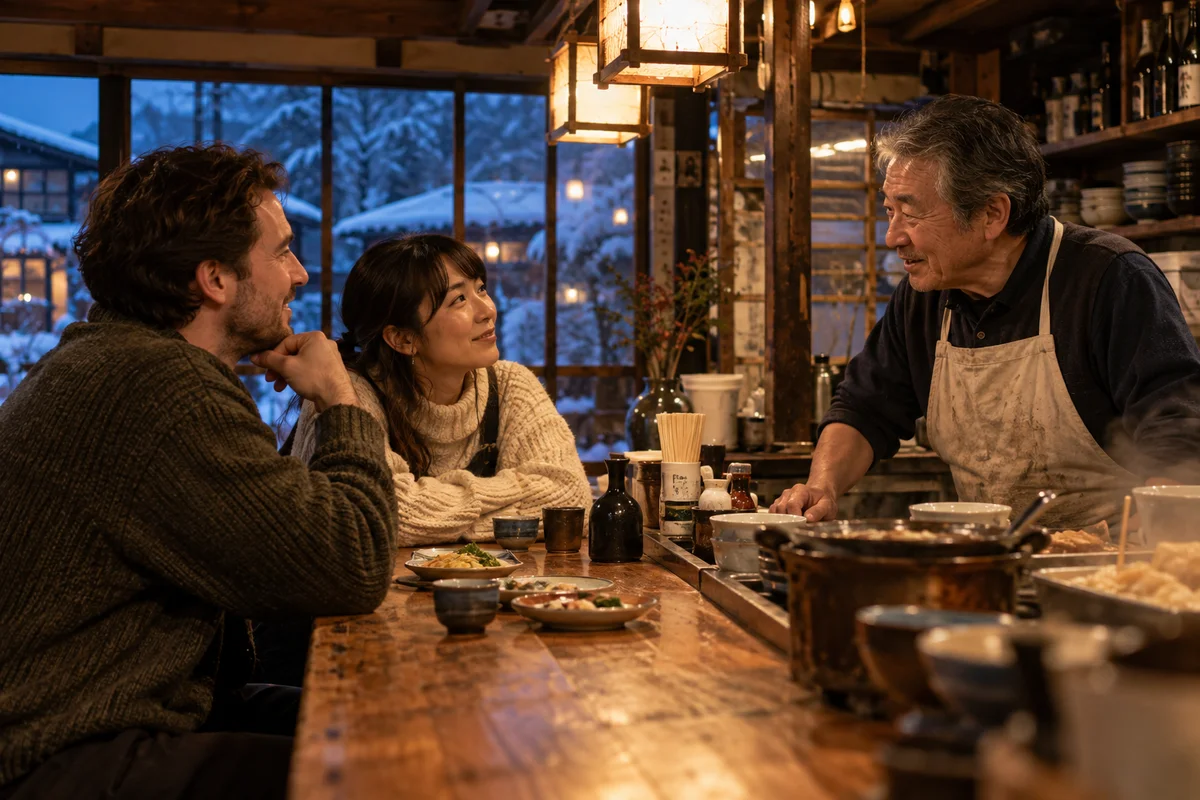 Numa noite de inverno, dois amigos conversando com o dono já idoso no balcão de um pequeno izakaya do interior