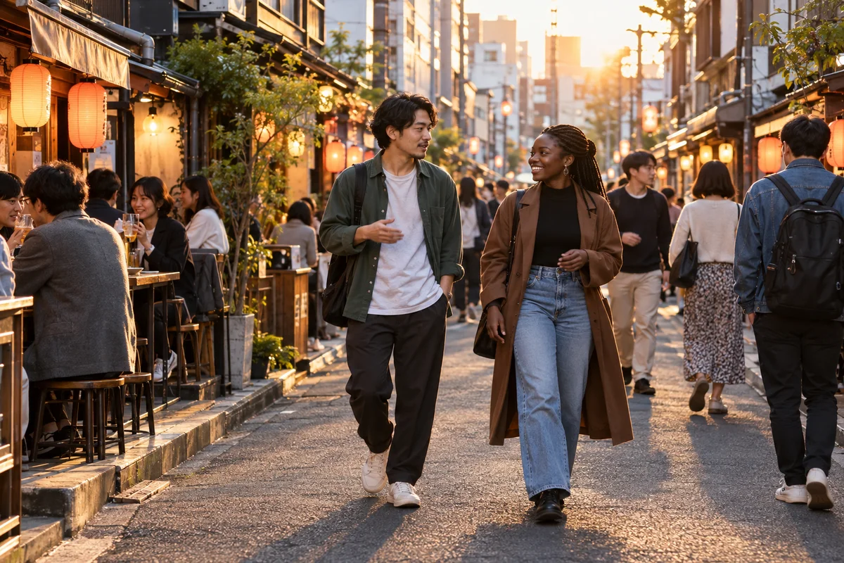 Un Japonais et une femme venue de l'étranger discutent en marchant dans une petite rue animée de Tokyo au coucher du soleil