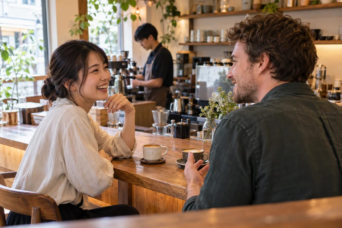 Une Japonaise et un homme venu de l'étranger discutent autour d'un café au comptoir d'un petit café de Tokyo