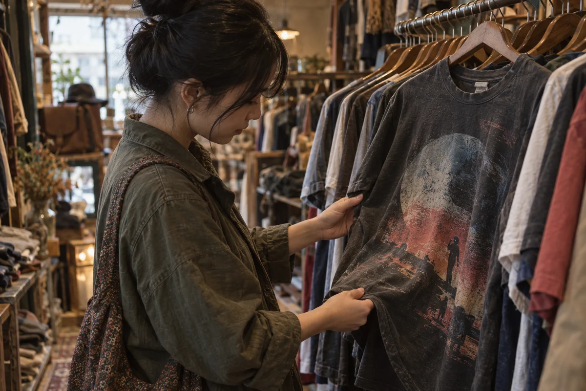 A shopper examining the fabric of a faded graphic shirt on a rack in a small clothing shop