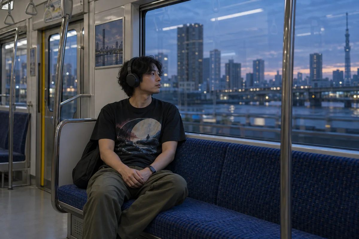 A passenger wearing headphones beside a train window, with space and cool evening light around them