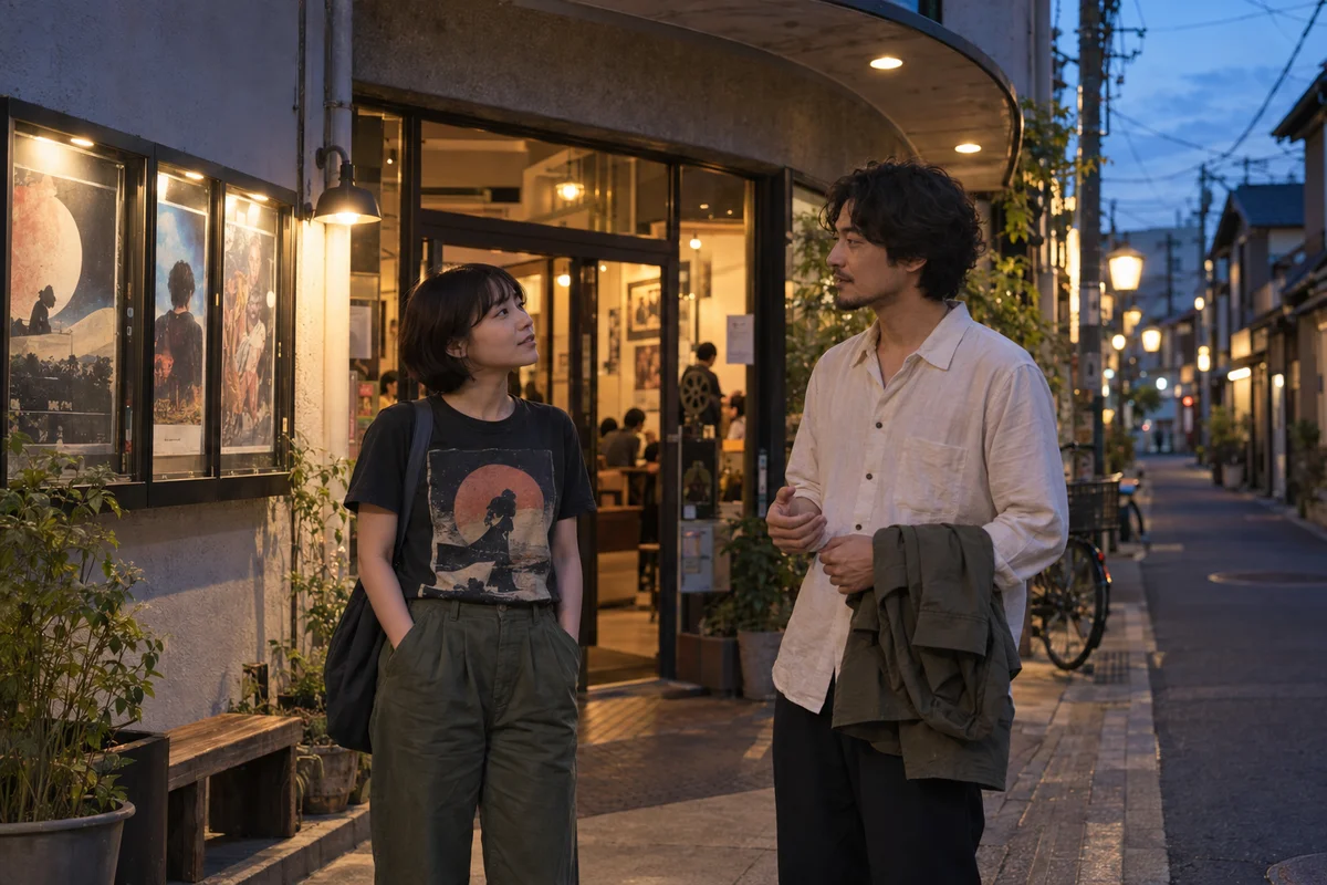 Two adults talking outside a small neighborhood cinema at dusk, one holding a folded jacket