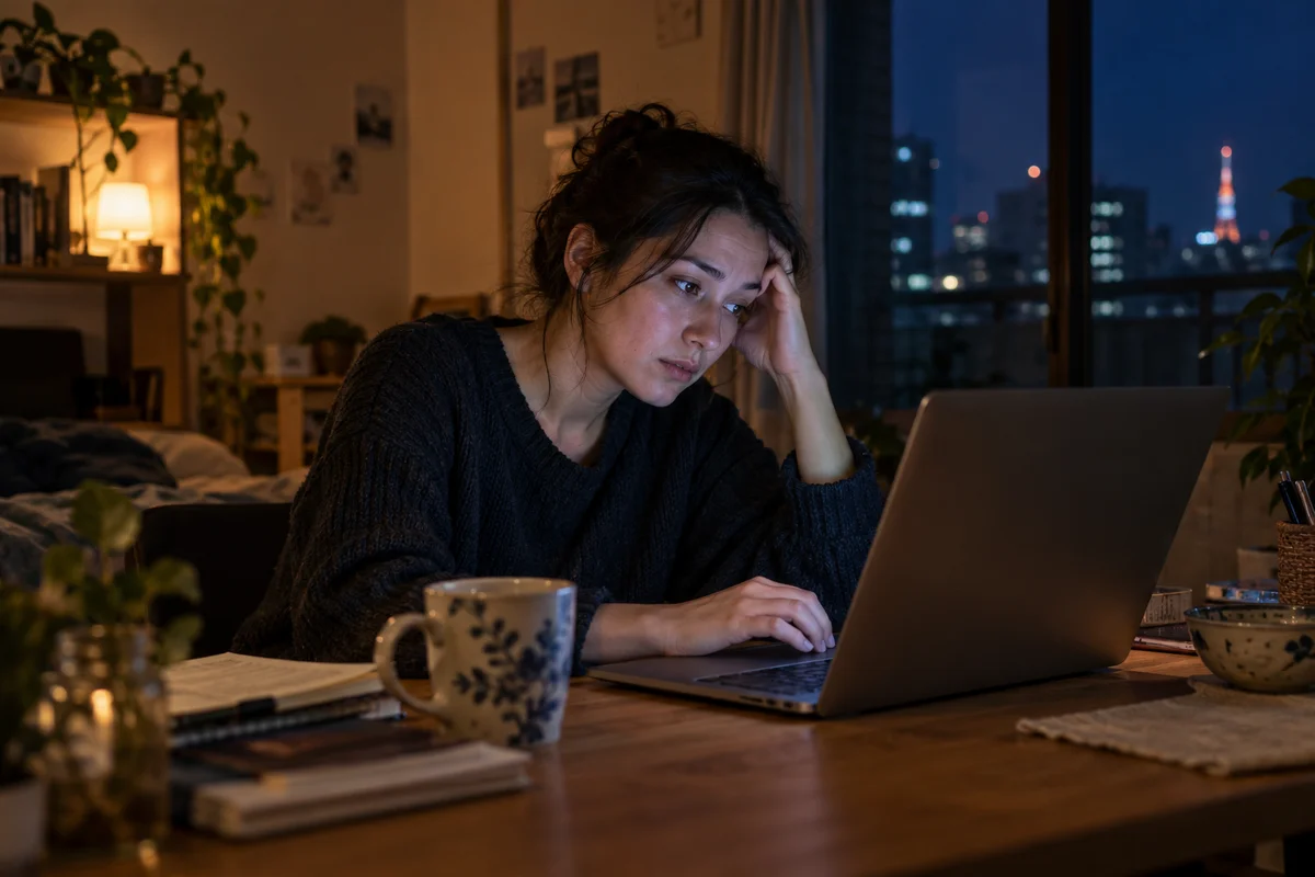 夜、ノートパソコンの明かりだけが灯る机でひとり画面を見つめ、少し疲れて迷っている人