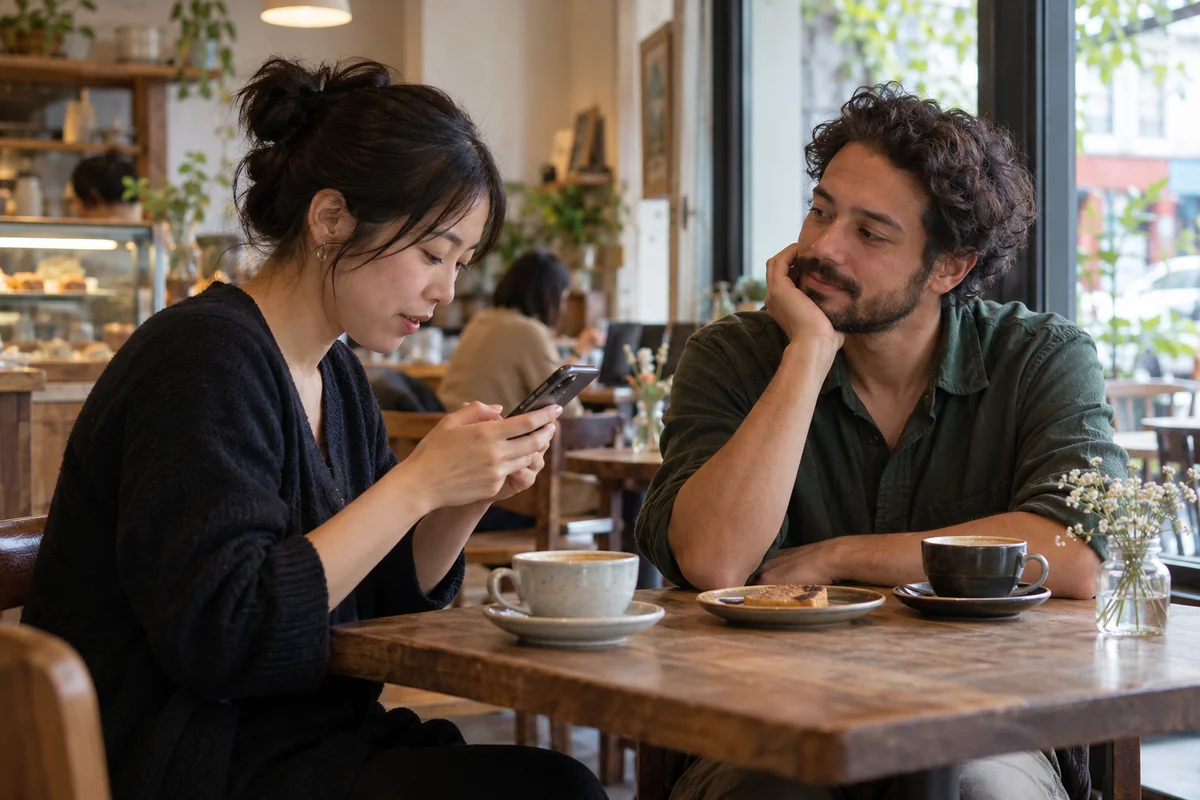 小さなカフェのテーブルで、ひとりが自分に向けたスマホで翻訳を確認し、もうひとりが穏やかに待っている様子