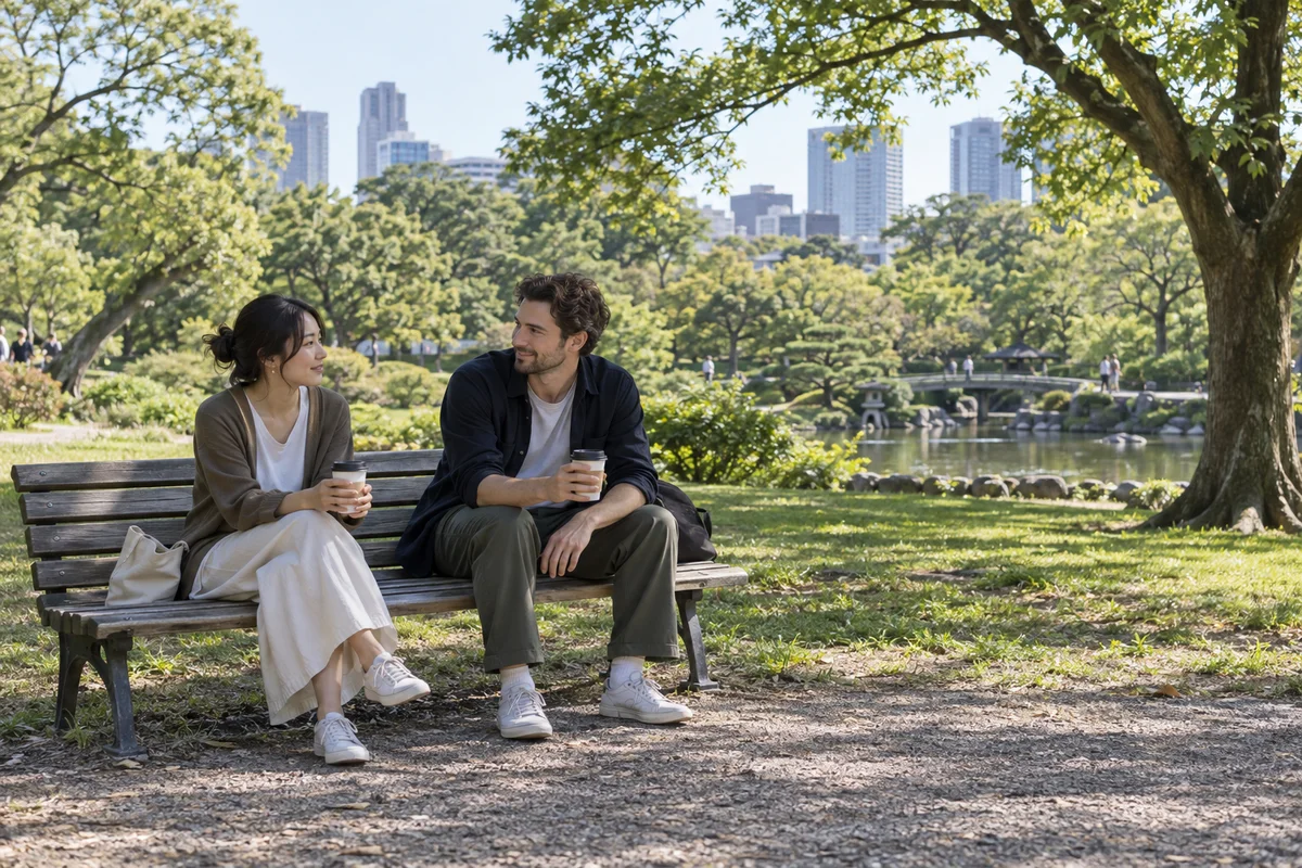 兩位朋友在明亮的週末早晨坐在公園長椅上分享外帶咖啡，周圍有空間和樹木