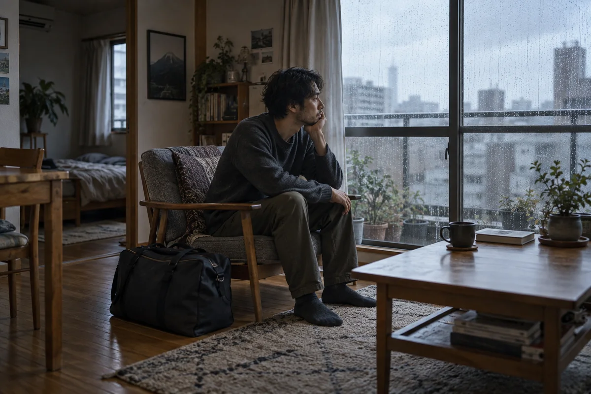 빗물이 흐르는 아파트 창가에 근처에 주말 여행 가방을 둔 채 앉아 있는 남자