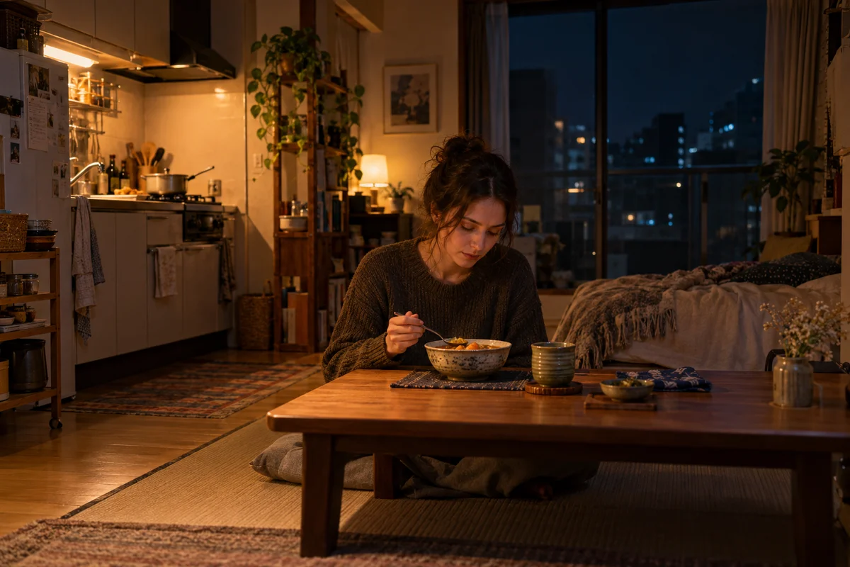 밤에 일본의 작은 아파트에서 낮은 테이블에 혼자 앉아 직접 만든 스튜를 먹는 외국인 거주자, 은은한 스탠드 불빛과 뒤편의 어두운 창문