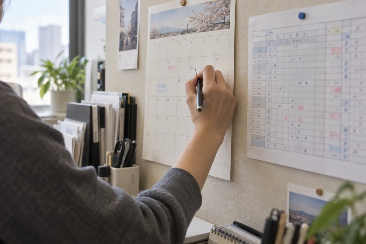Close-up of a hand adding a note to a paper wall calendar beside a shift schedule in a small Japanese office, soft morning light