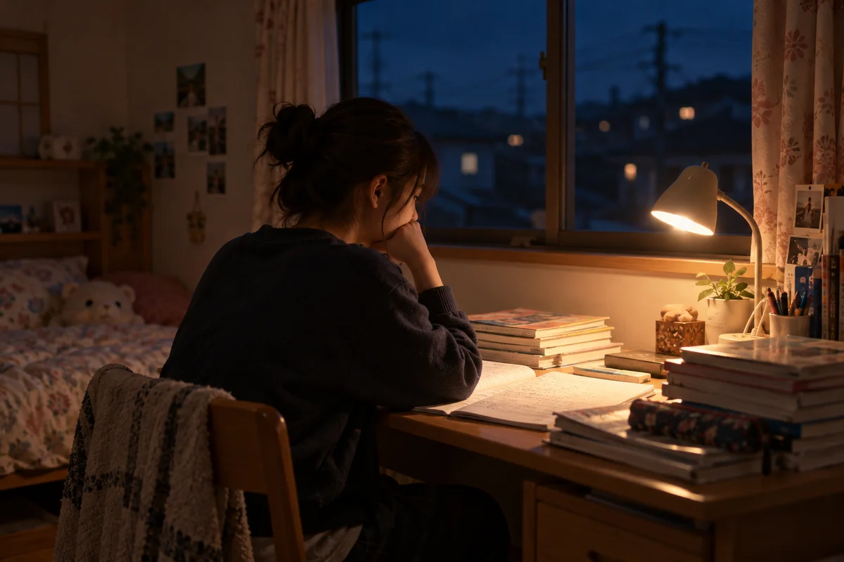 夜晚,交换生独自在寄宿家庭的卧室书桌前学习