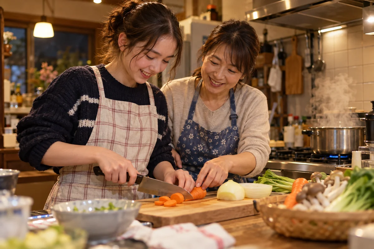 交换生在温馨的家庭厨房里帮寄宿妈妈做晚饭
