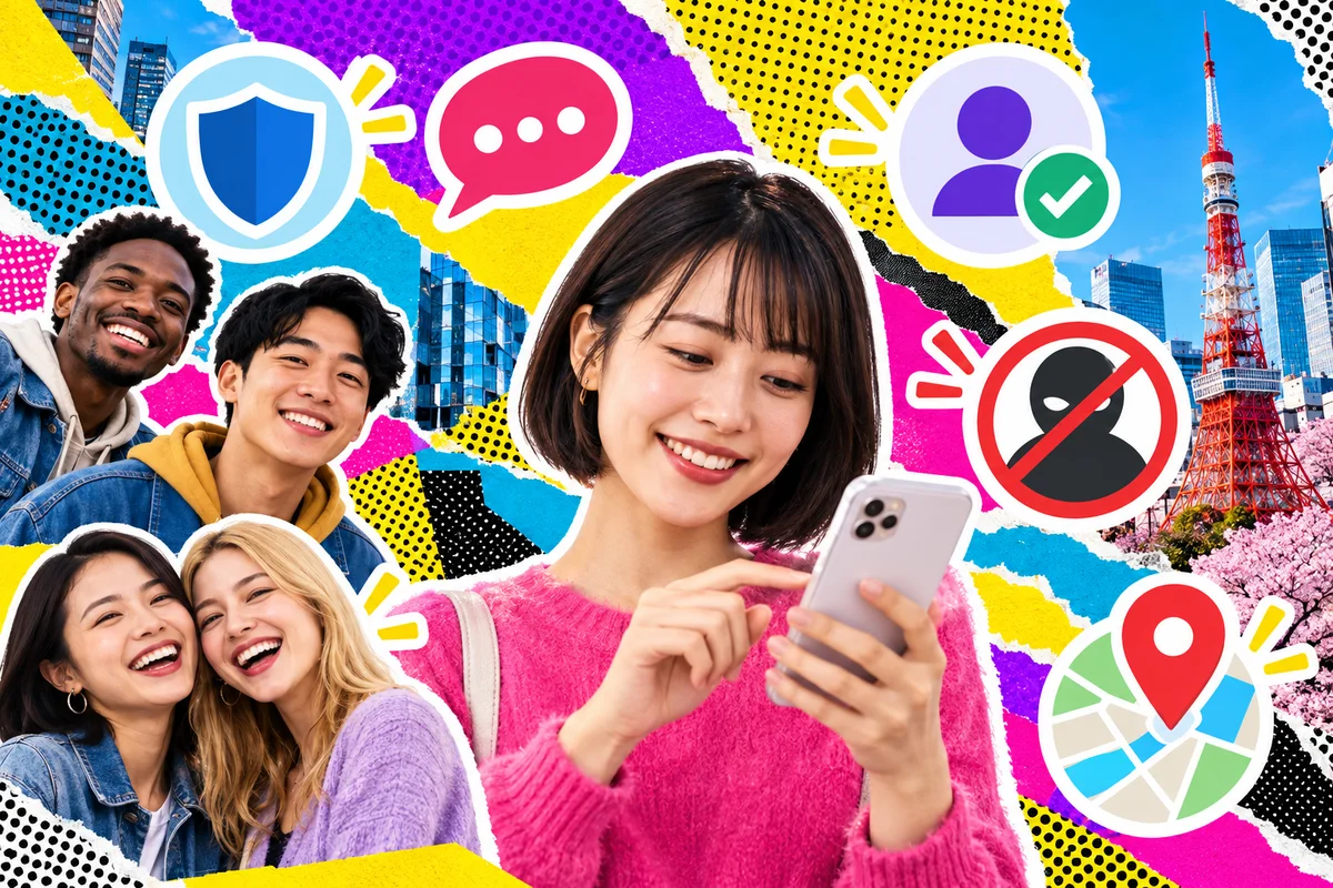 Colagem fotográfica colorida de uma mulher japonesa usando o celular, cercada de ícones de proteção, verificação e privacidade