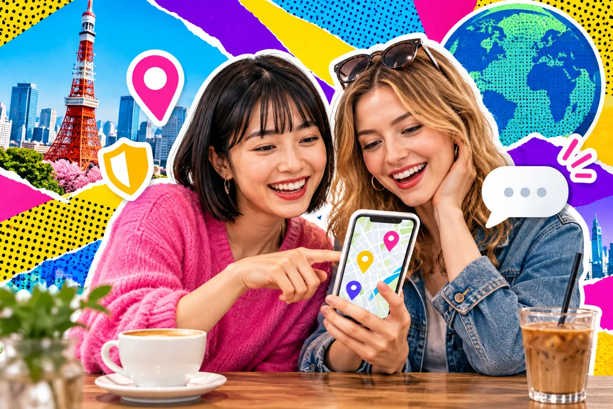 Duas amigas num café olhando juntas um mapa no celular, com ícones de proteção e conversa